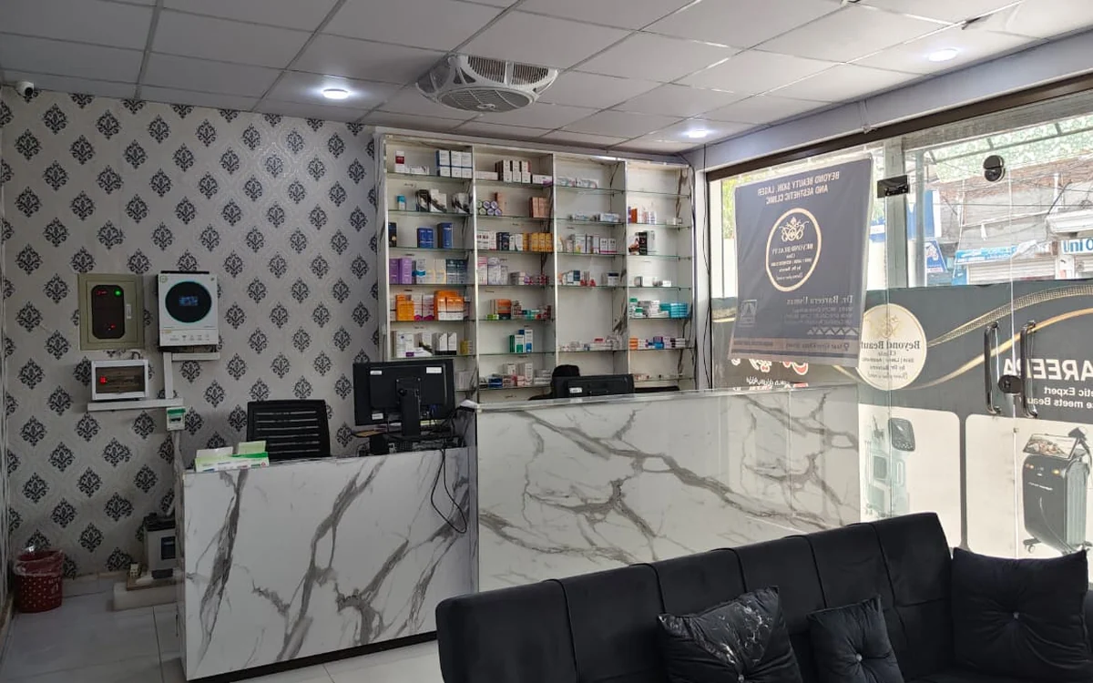 Reception and dispensary counter at Beyond Beauty Skin Clinic, Vehari